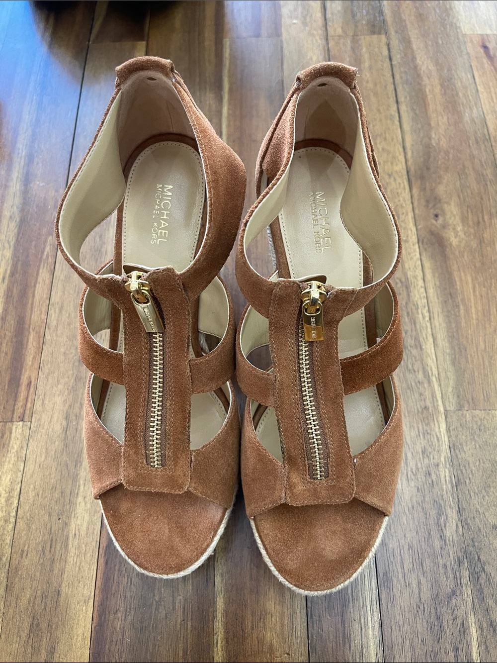 Michael Kors Damita Brown suede espadrille Wedge Sandals with Front Zipper - Picture 2 of 13